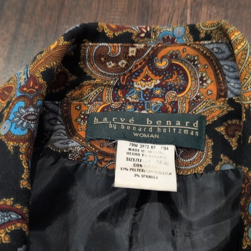 Harve Benard Paisley Print Zipper Jacket Blazer Women 16W Orange Blue Full Zip‎